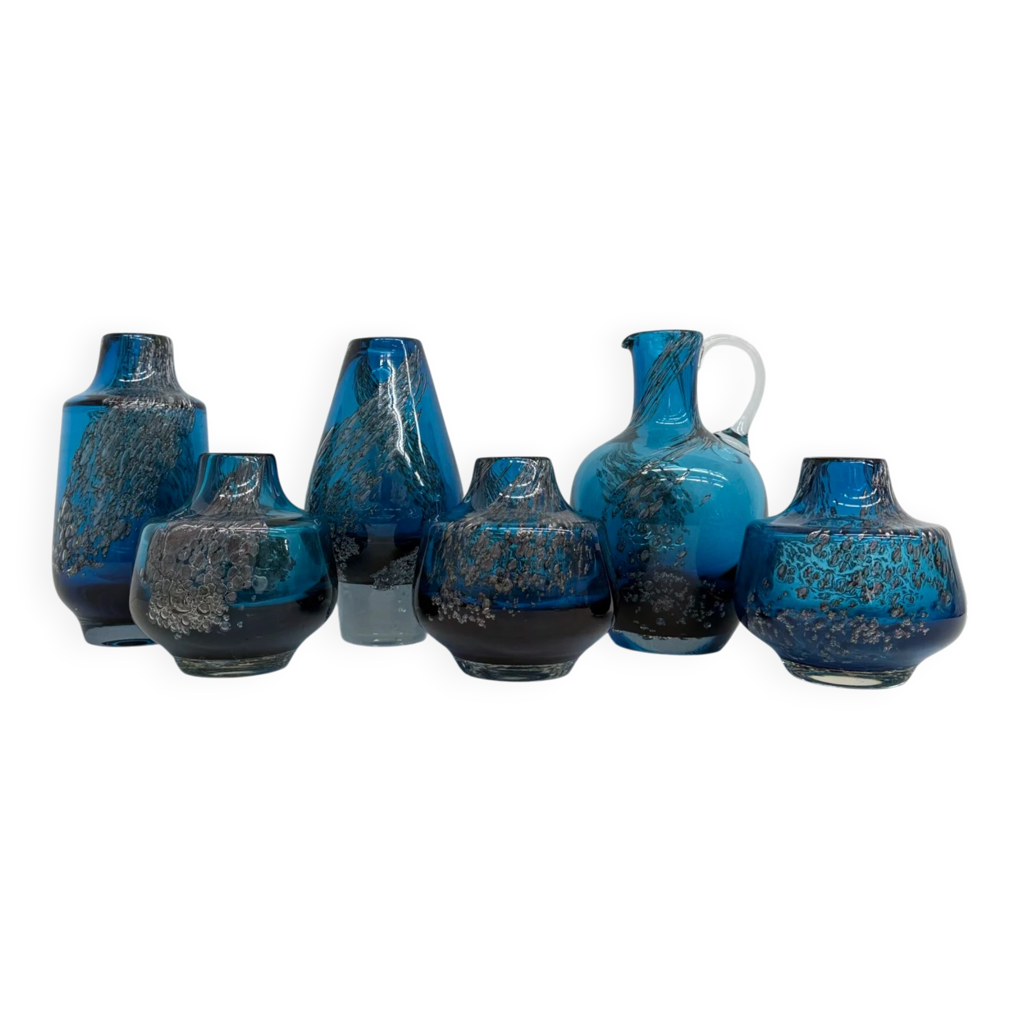 Set of 6 Schot Wiesel glass vases Bavarian Glass Art 'Florida' by Heinrich Löffelhardt blue bubbles 1970s Germany