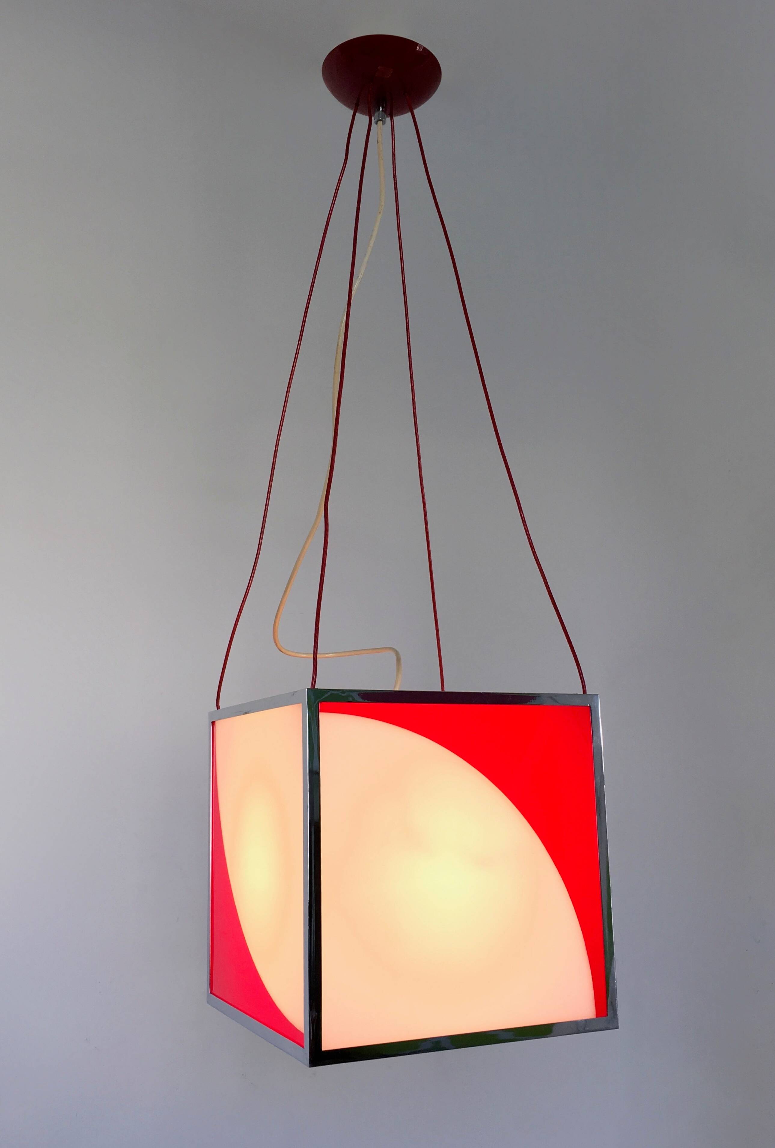 Cubic Red and White Plexiglass and Metal Pendant, Italy