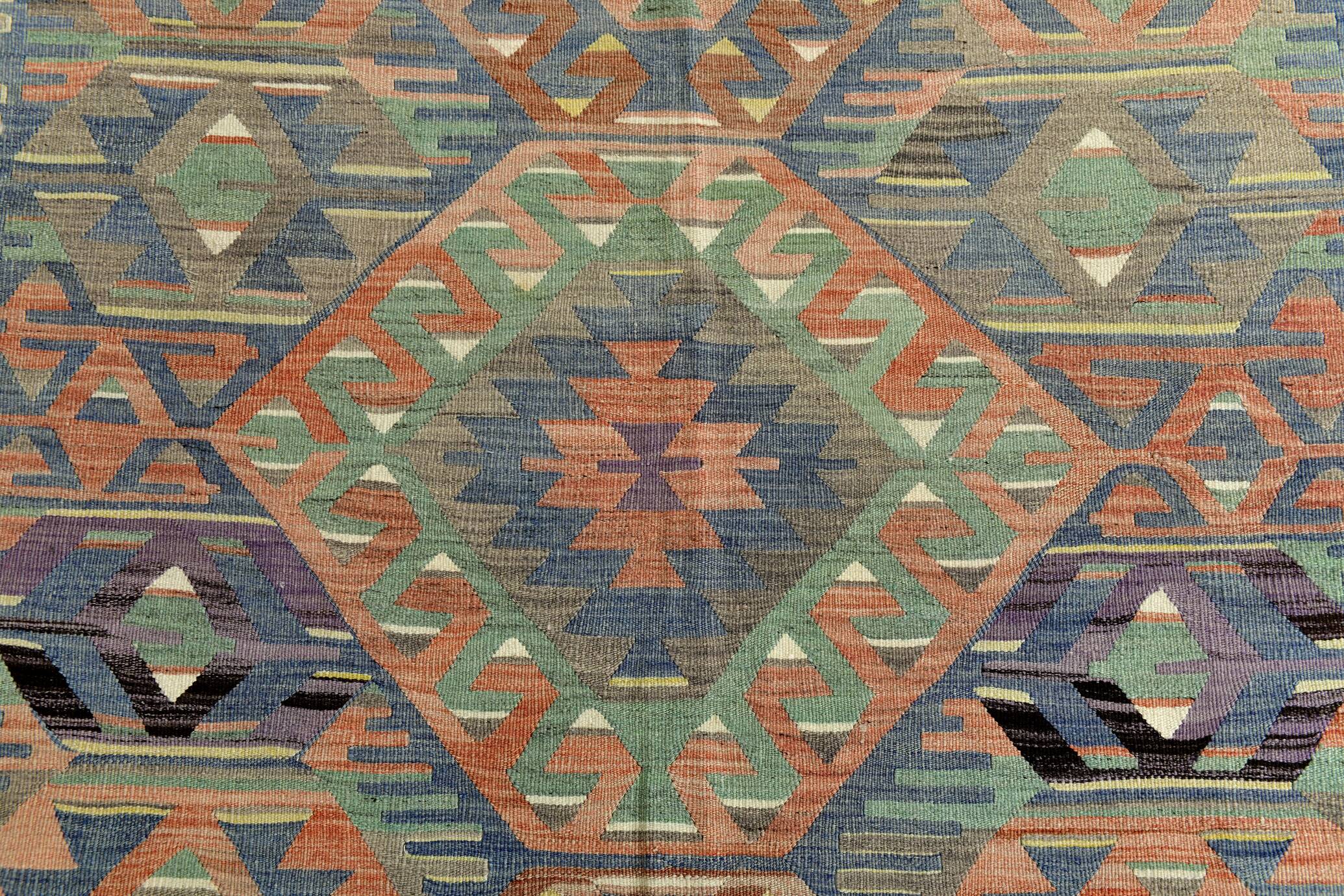 5x11 Green & Blue Tribal Turkish Vintage Kilim Rug 170x333Cm SK 35197