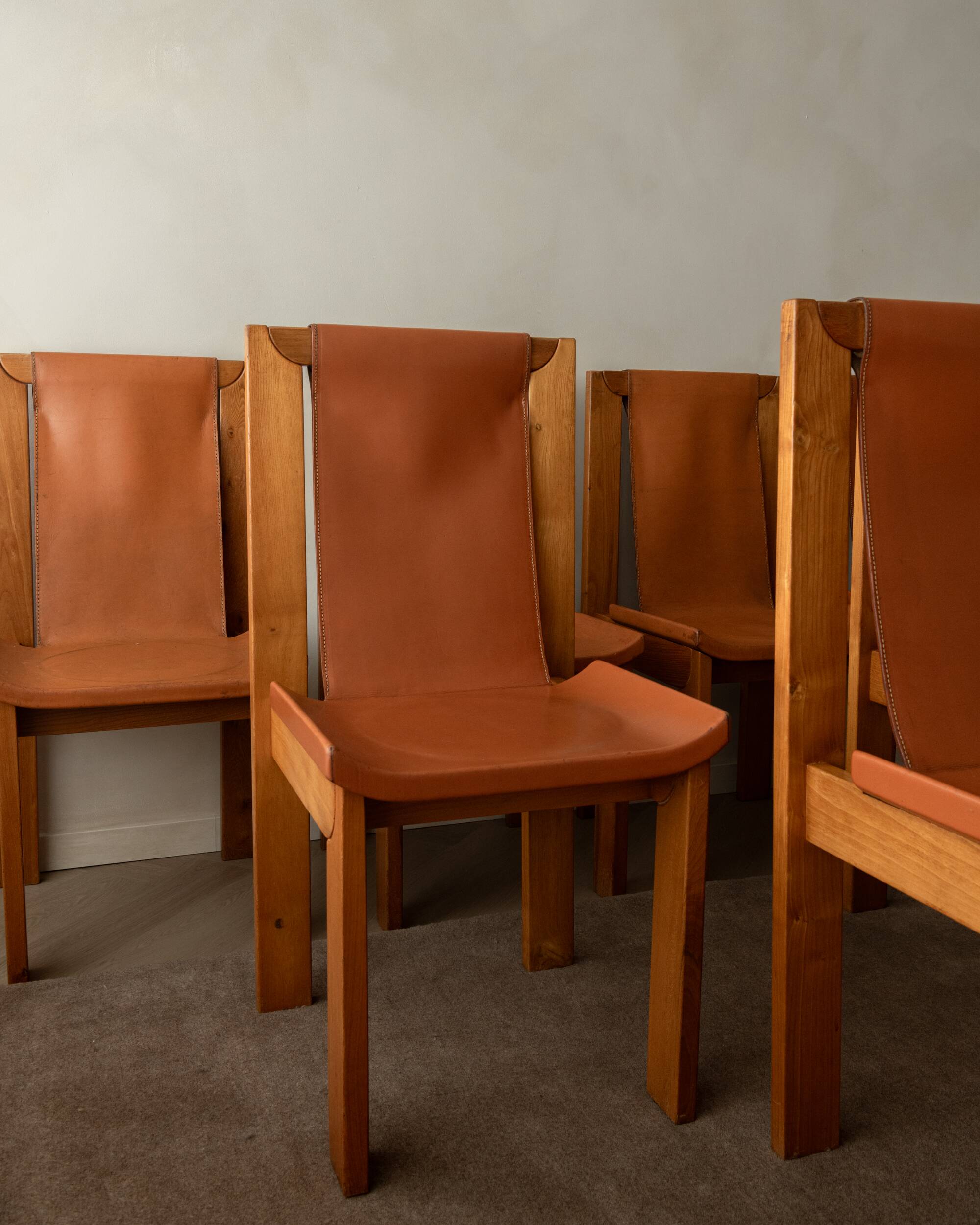 Wood Leather Dining Chairs Luigi Gorgoni Roche Bobois, 1970s, Set of 7
