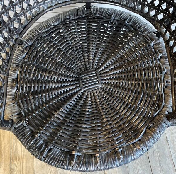 Fauteuil Emmanuelle, queue de paon (peacock), rotin, wengé, vintage, années 70