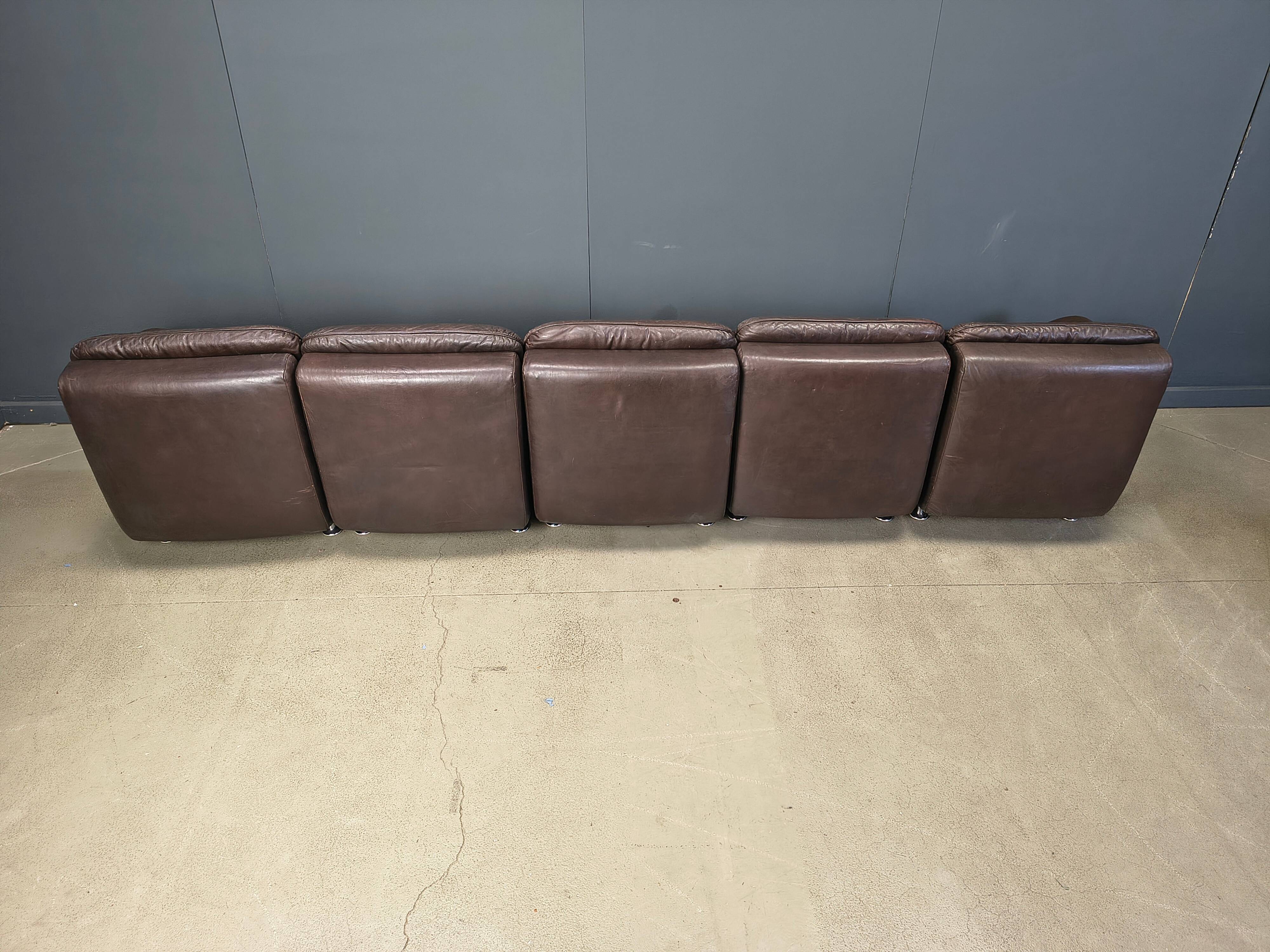Modular vintage brown leather sofa, 1970s.