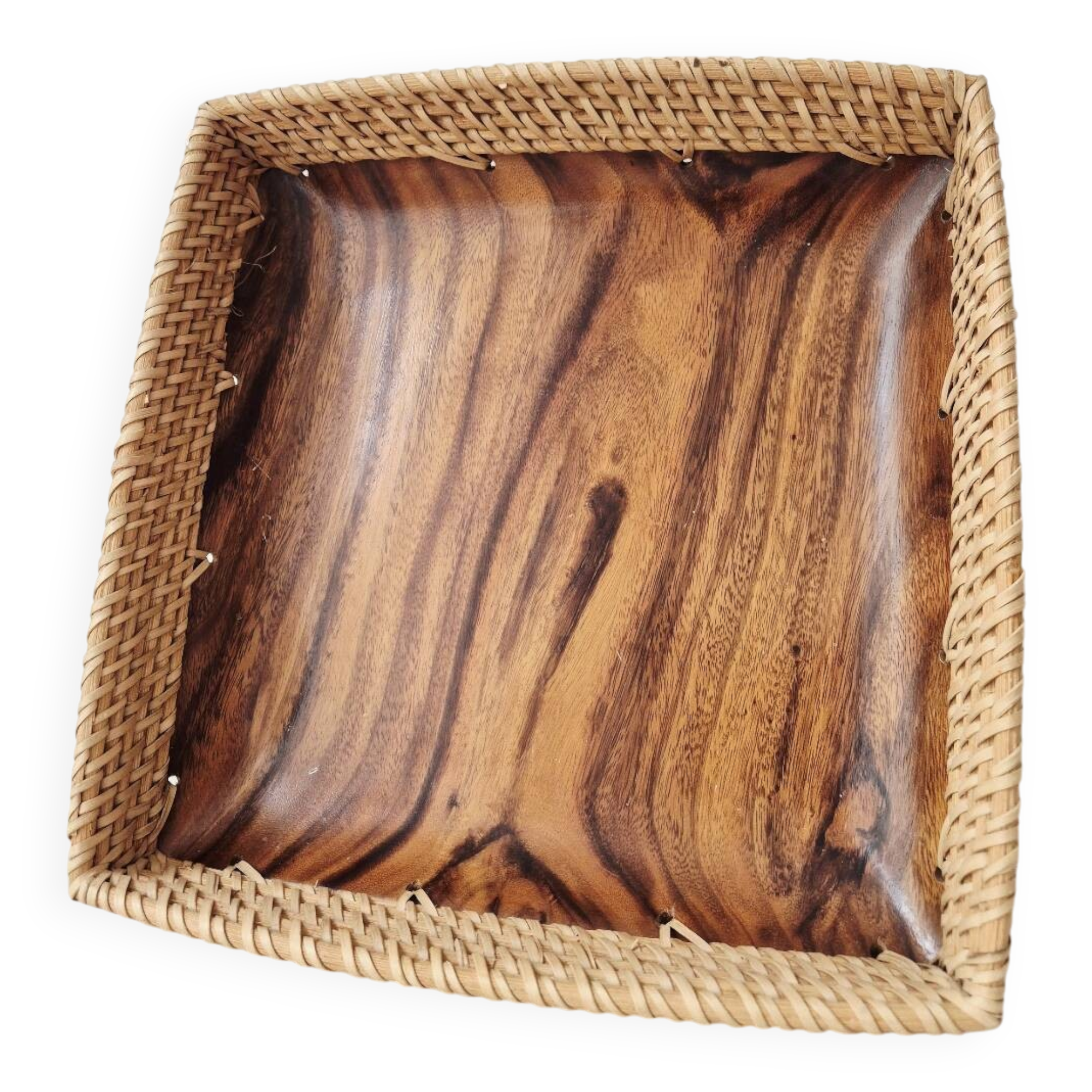 80s wooden and rattan tray - Vintage