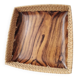 80s wooden and rattan tray - Vintage