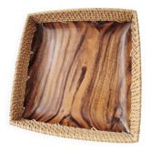80s wooden and rattan tray - Vintage