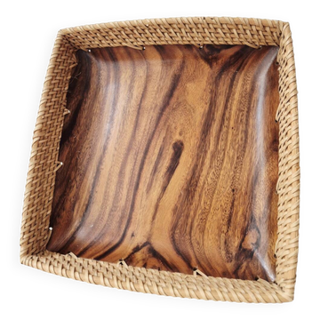 Plateau en bois et rotin '80s - Vintage