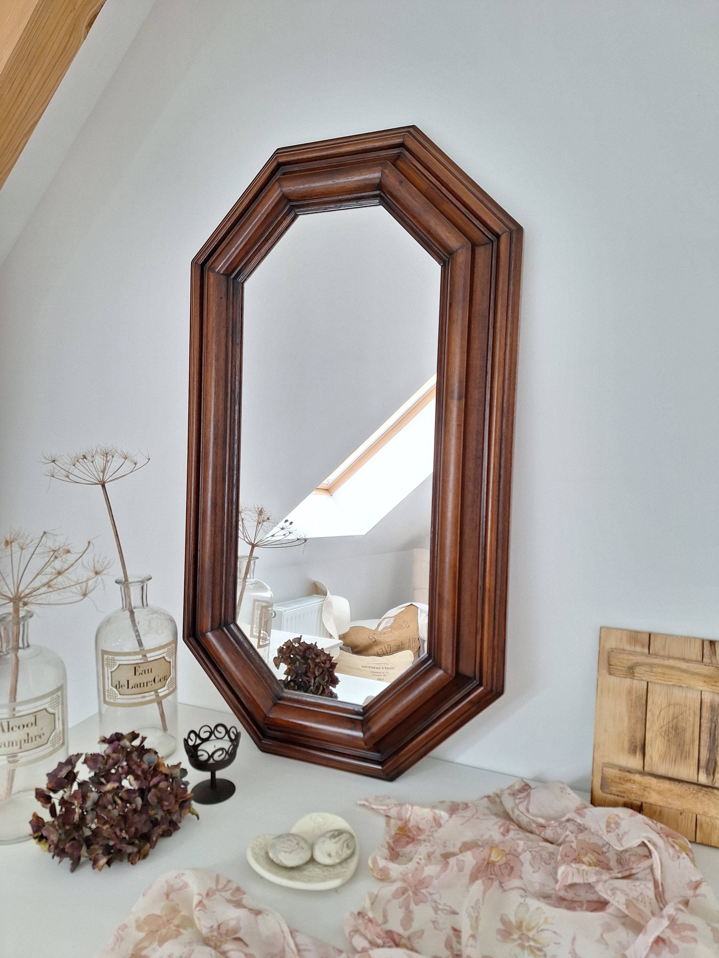 Octagonal wooden mirror from the 1980s.