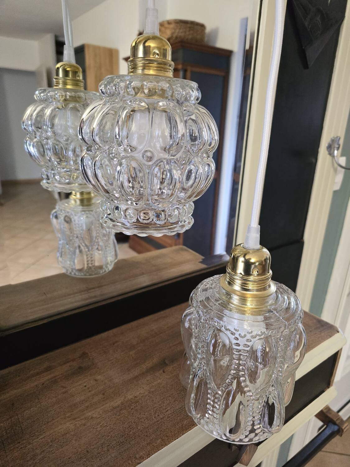 Suspension double globes antique blown glass moulded type Tynell