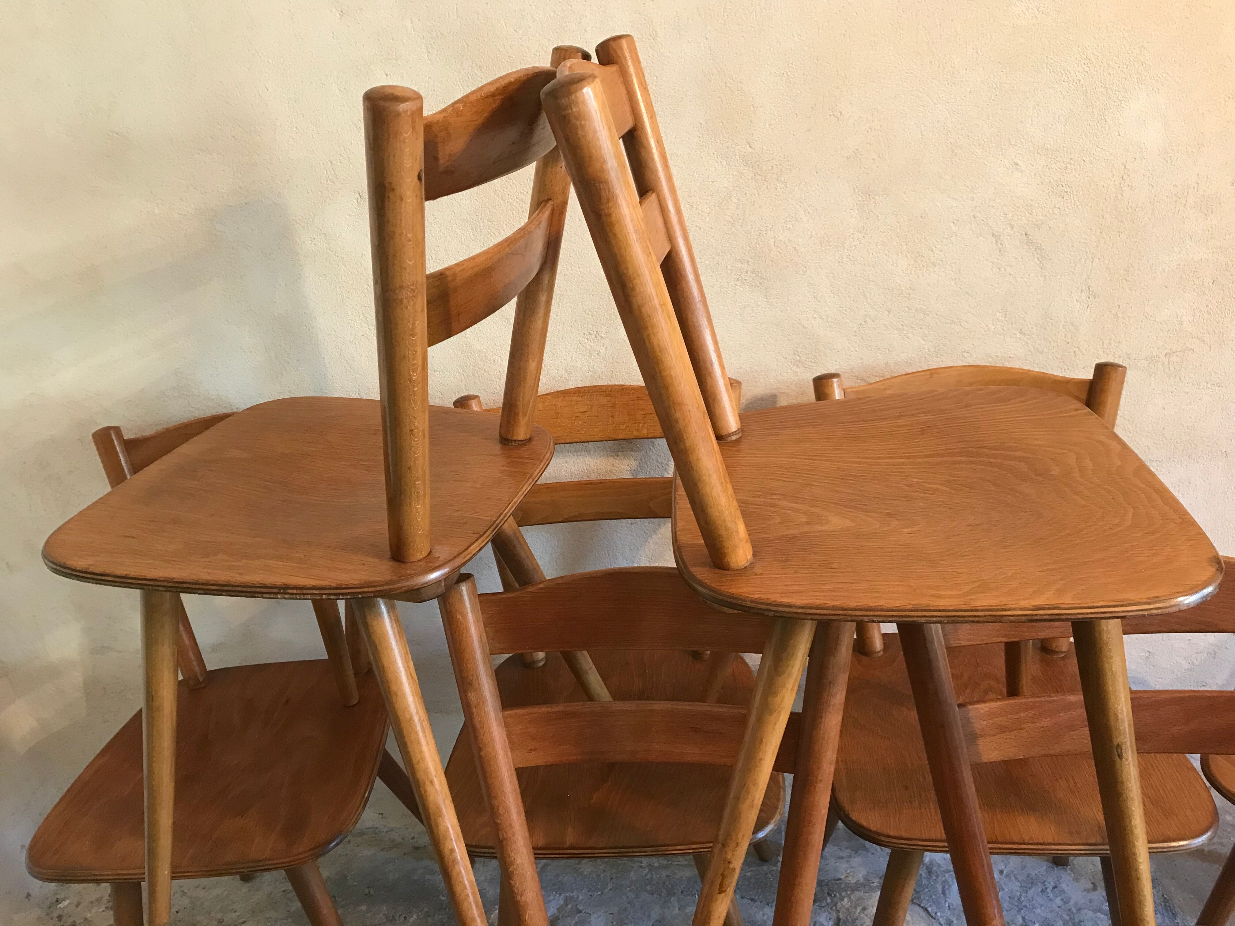 Set of 8 vintage beech chairs compass feet 1960's