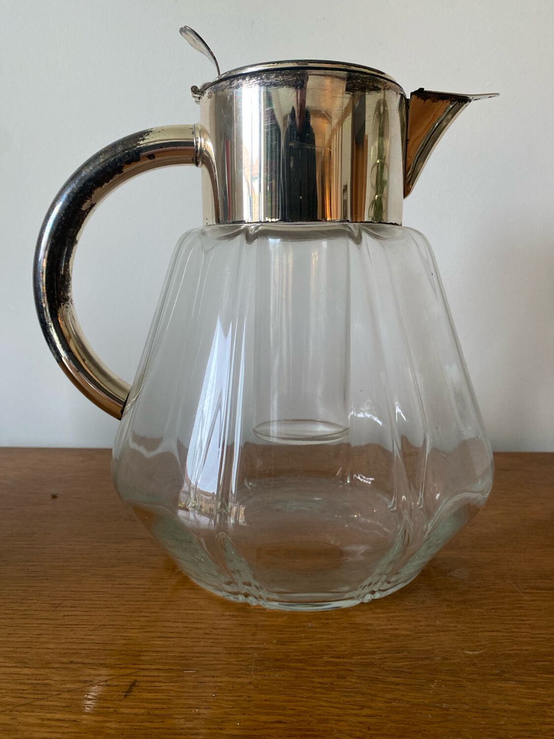 Old Refreshing Carafe + Ice Tube Moulded Glass + Silver Metal