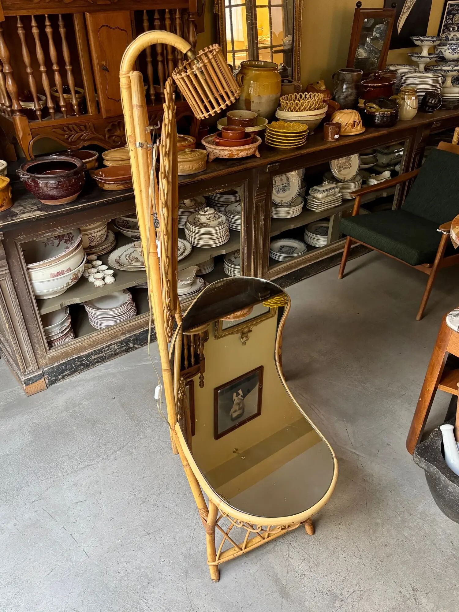 Bamboo, rattan and mirror dressing table with lighting in the style of Audoux-Minet, 1960s.