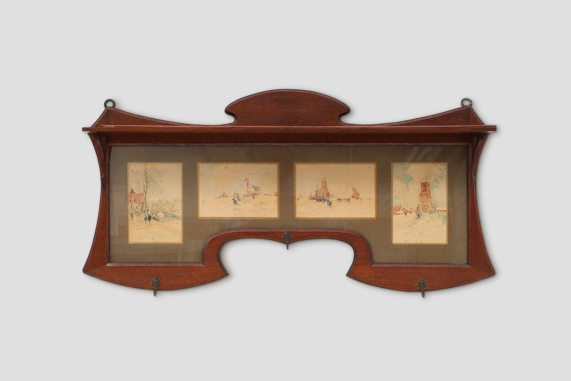 Art Nouveau Wall-Mounted Coat Rack with Framed Watercolors by Cassier, Belg
