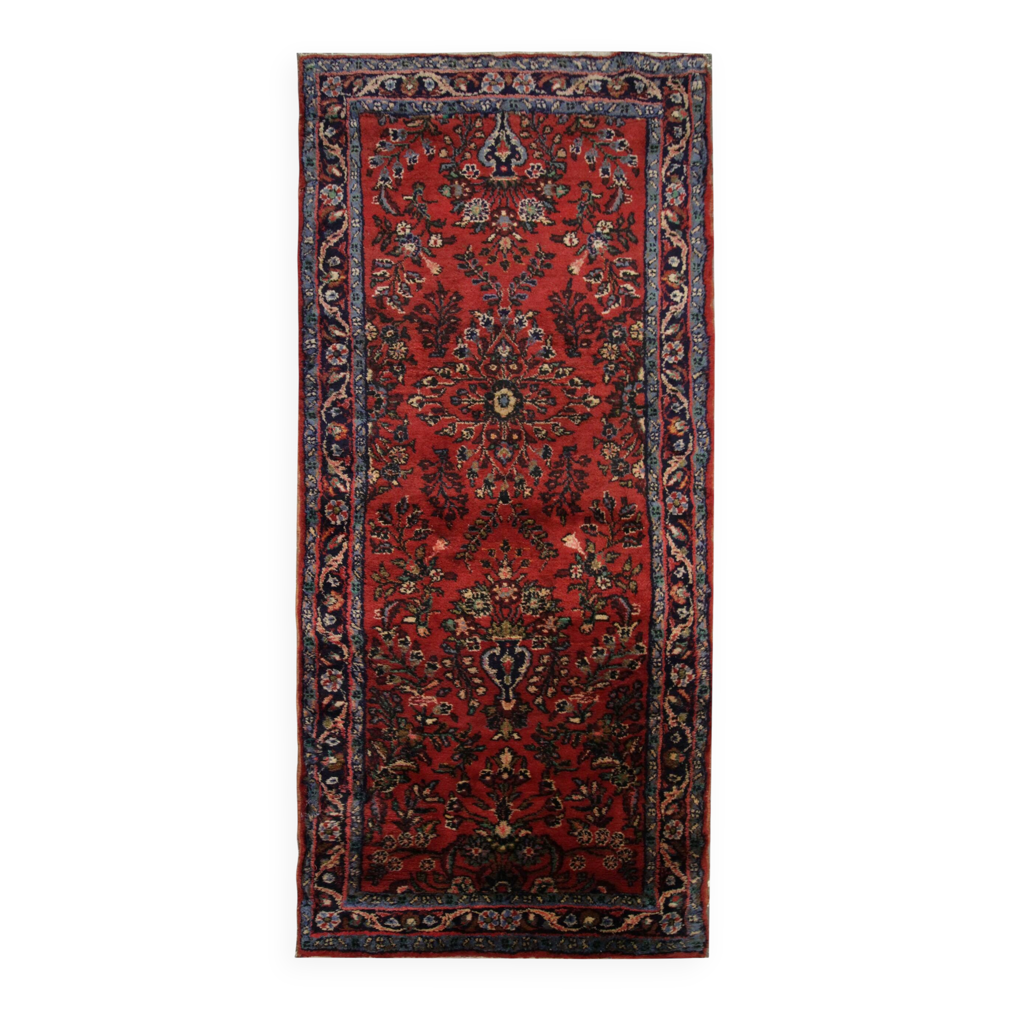 Burgundy Red Floral Wool Runner Rug,1960s Traditional Oriental Stair Runner