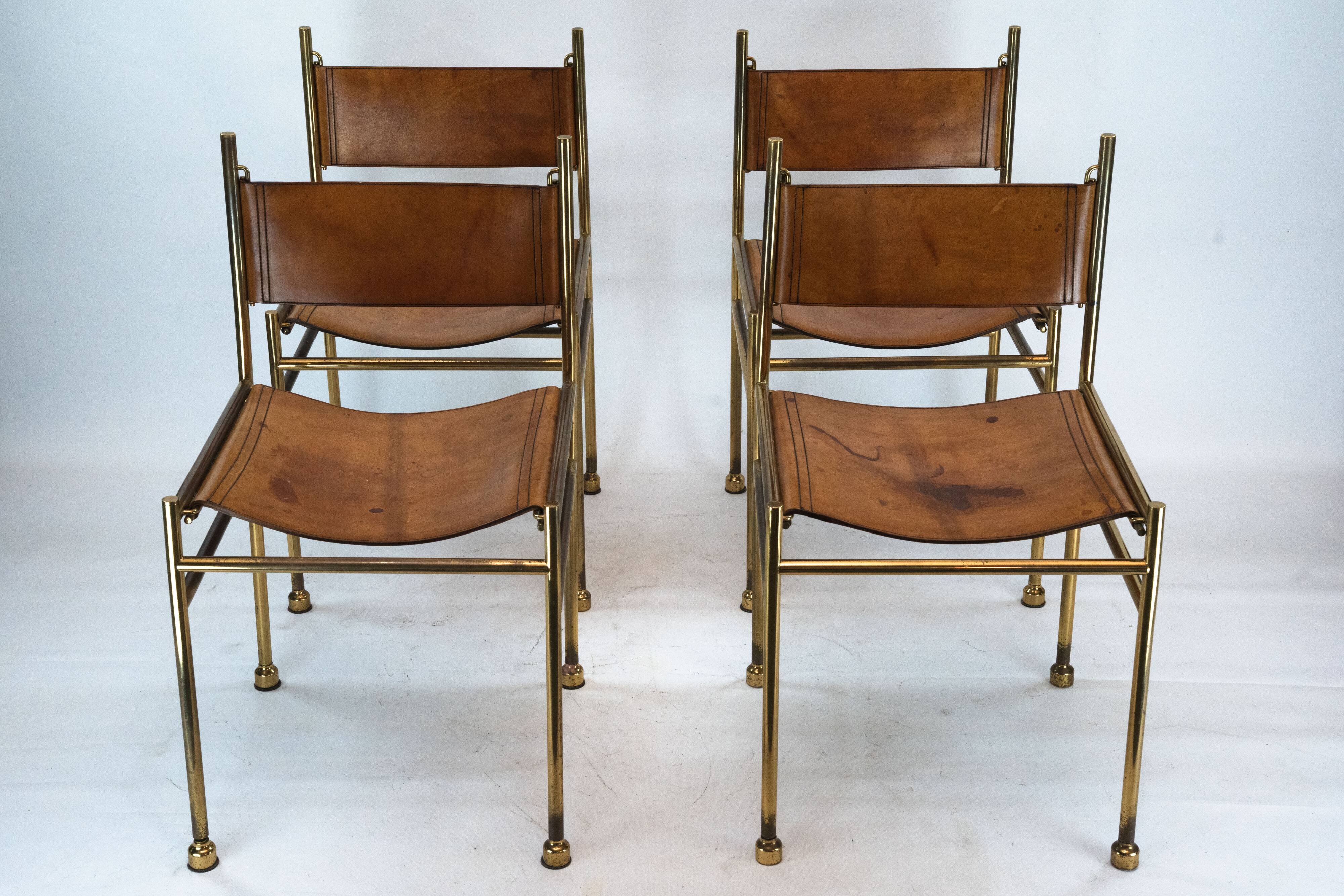 Set of 4 Brass and Leather Chairs by Luciano Frigerio, Italy, 1970s