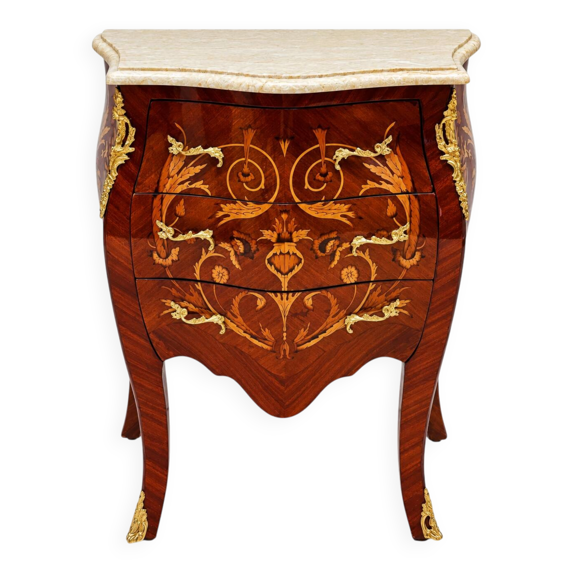 Marquetry chest of drawers with marble top in Louis XV style
