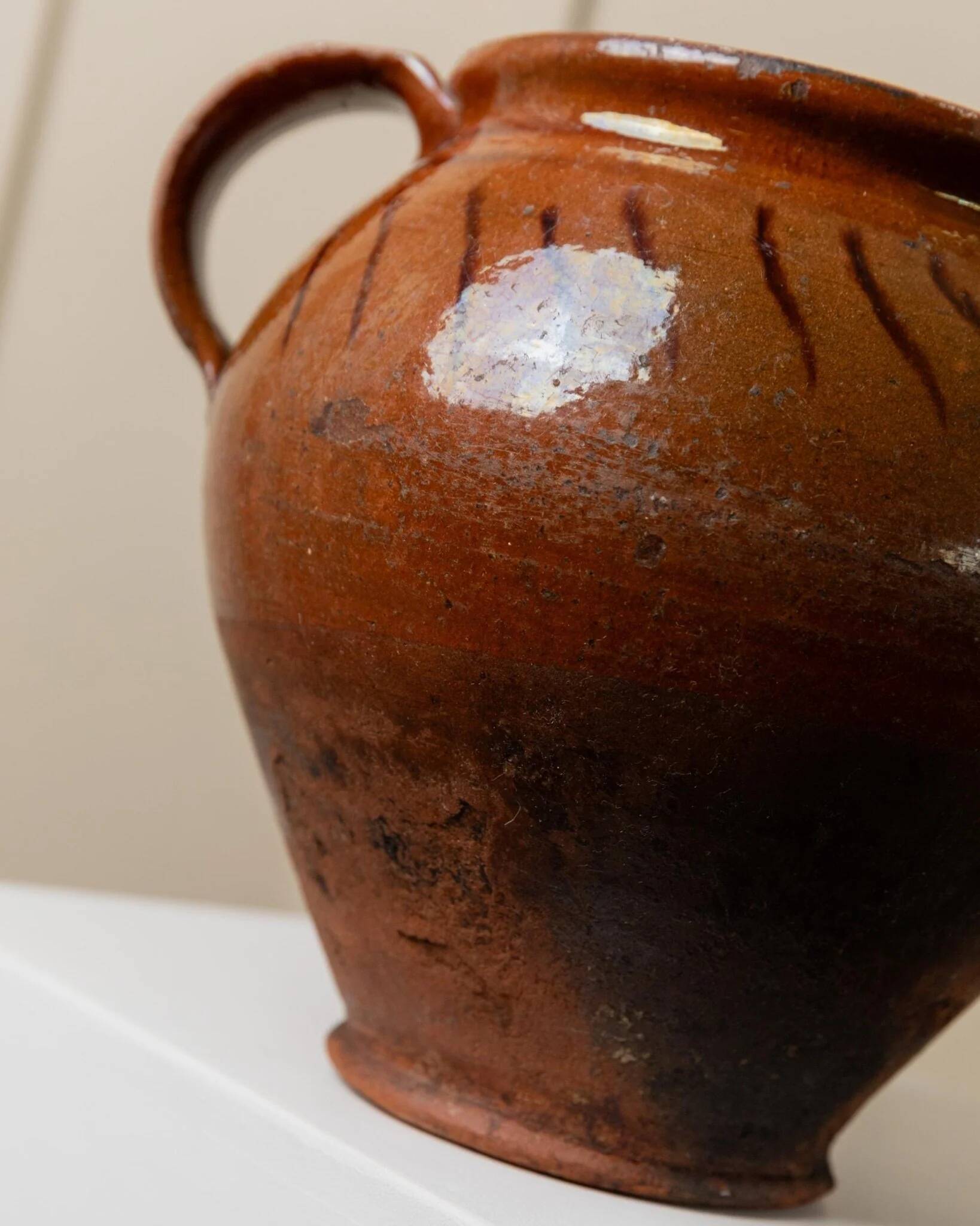 Antique rustic brown terracotta ceramic confit pot with twin handles, 19th-century Italy, farmhouse vase decor