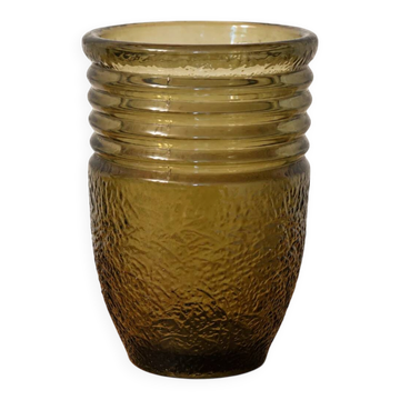 Vintage olive green smoked glass vase – Textured relief decoration – H19 cm