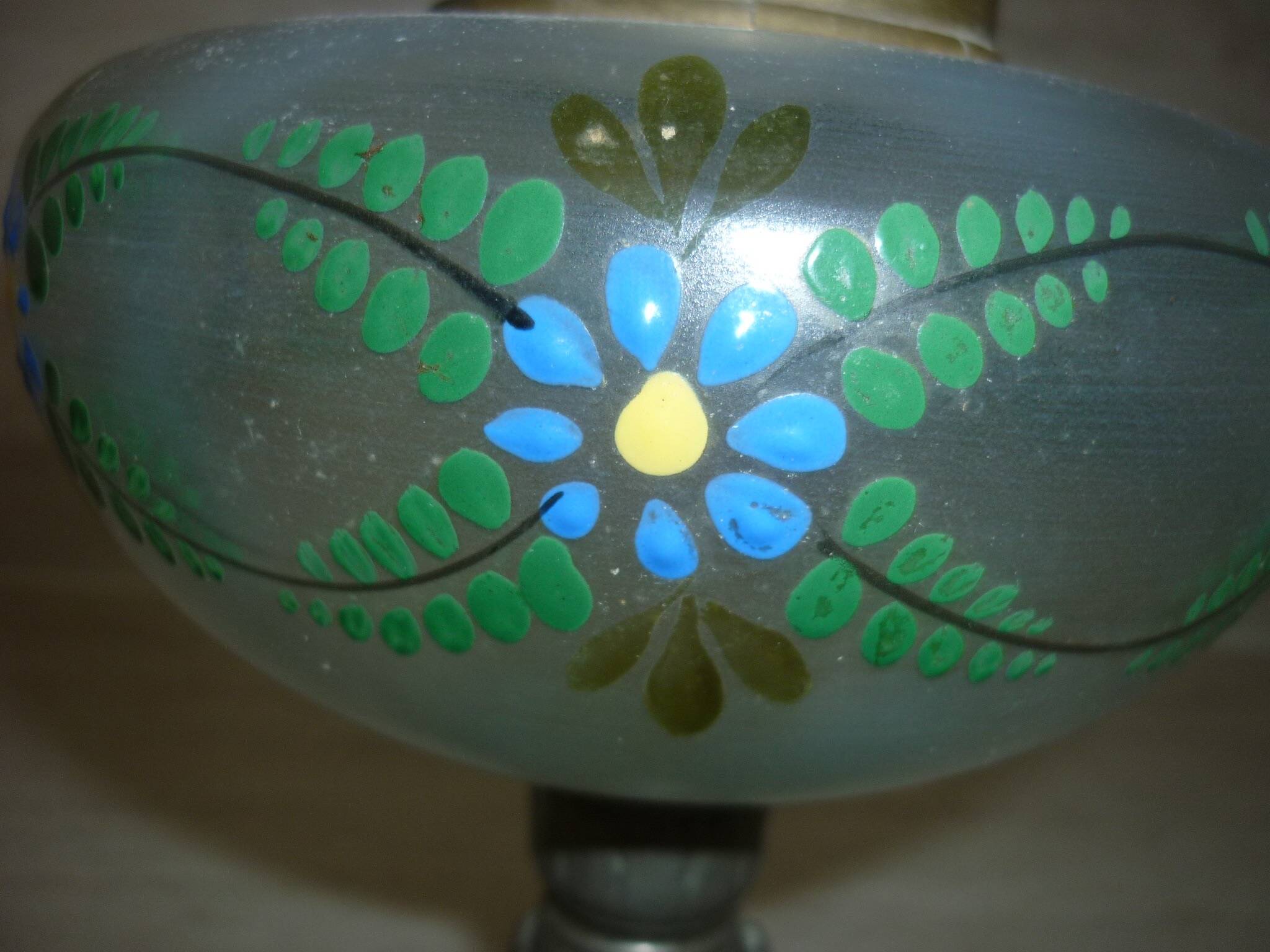 Painted oil lamp vase on pewter stand from the 19th century