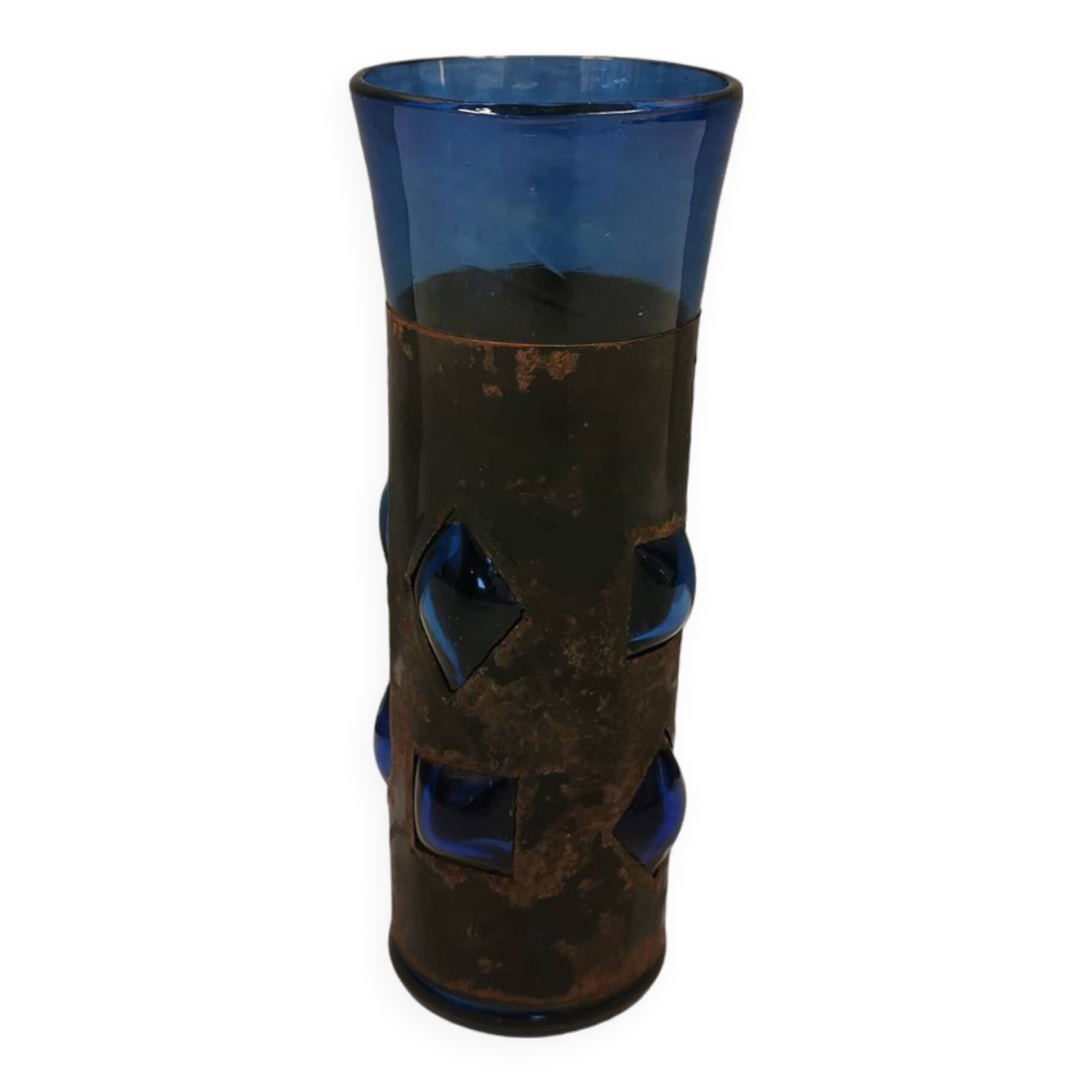 Brutalist style vase with inner blue glass mouth-blown out through the metal "frame".
