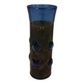 Brutalist style vase with inner blue glass mouth-blown out through the metal "frame".