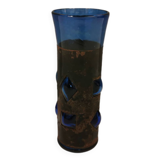 Brutalist style vase with inner blue glass mouth-blown out through the metal "frame".