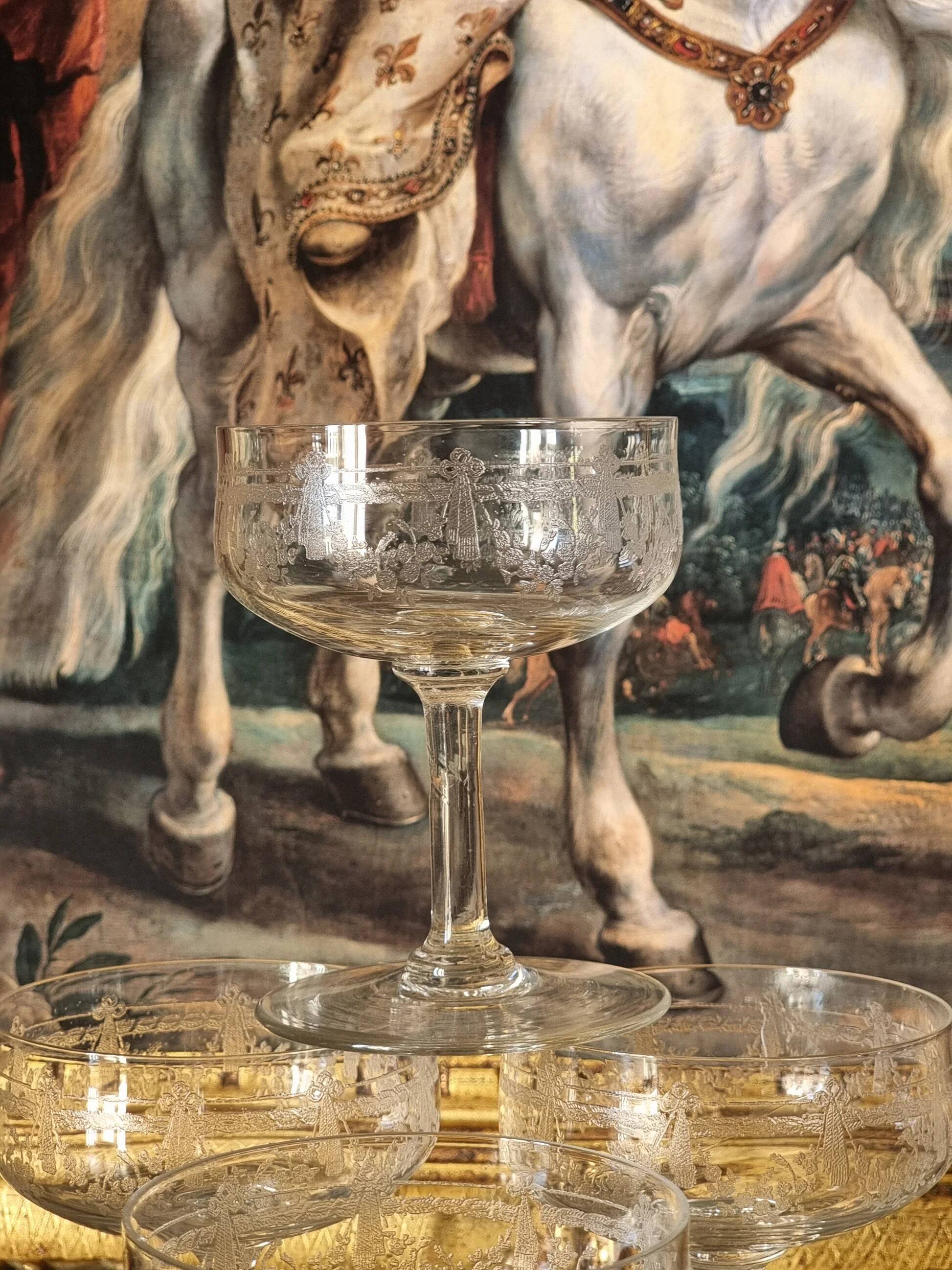 Engraved crystal champagne coupes