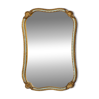 Miroir mural décoratif vintage style rococo des années 1950 avec cadre doré et bleu canard