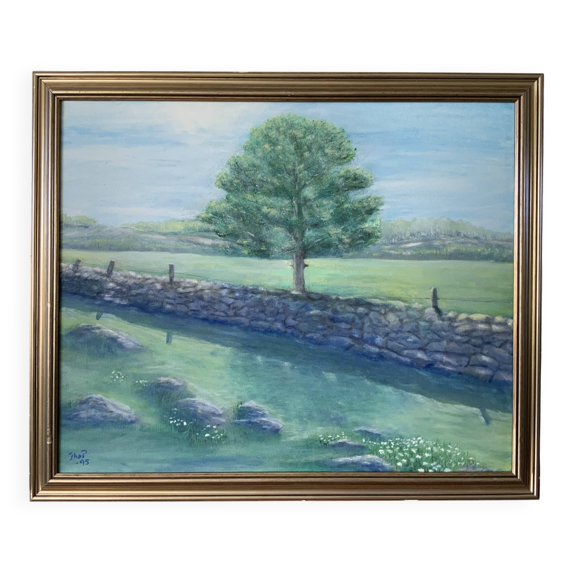 Vintage Original Oil On Canvas Painting Rural Landscape  1995