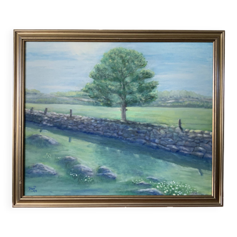 Vintage Original Oil On Canvas Painting Rural Landscape  1995