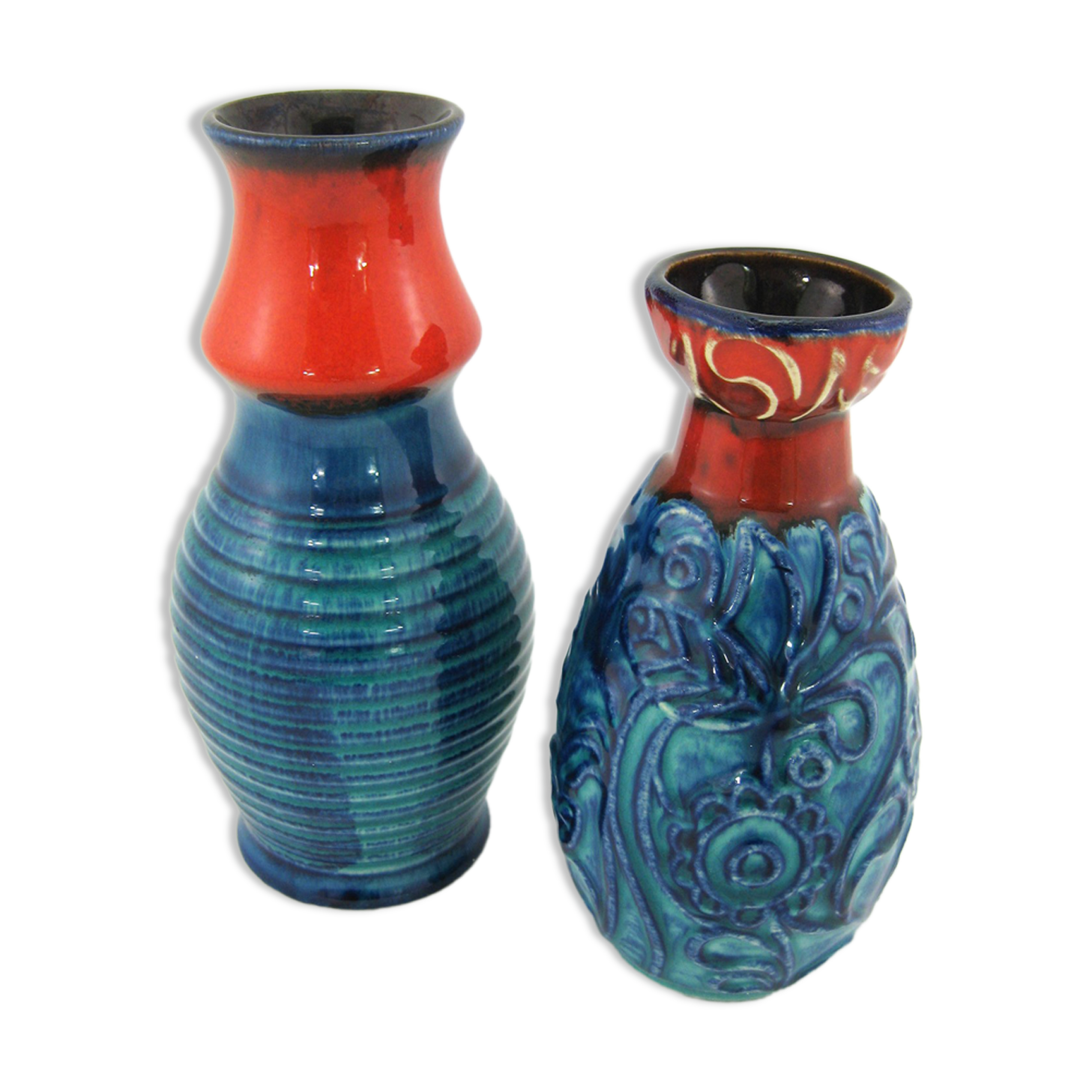 2 red and blue ceramic vases - Bodo Mans Bay Keramik - West Germany Pottery - vintage 60s