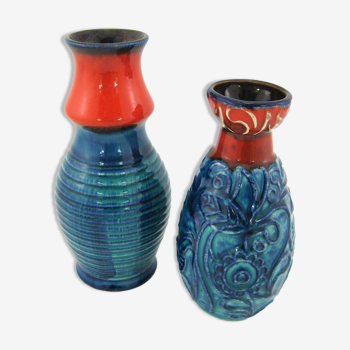 2 vases céramique rouge et bleu Bodo Mans Bay Keramik - West Germany Pottery - vintage années 60