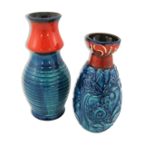 2 red and blue ceramic vases - Bodo Mans Bay Keramik - West Germany Pottery - vintage 60s