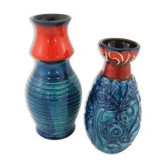 2 red and blue ceramic vases - Bodo Mans Bay Keramik - West Germany Pottery - vintage 60s