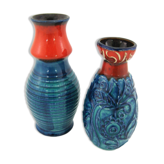 2 vases céramique rouge et bleu Bodo Mans Bay Keramik - West Germany Pottery - vintage années 60