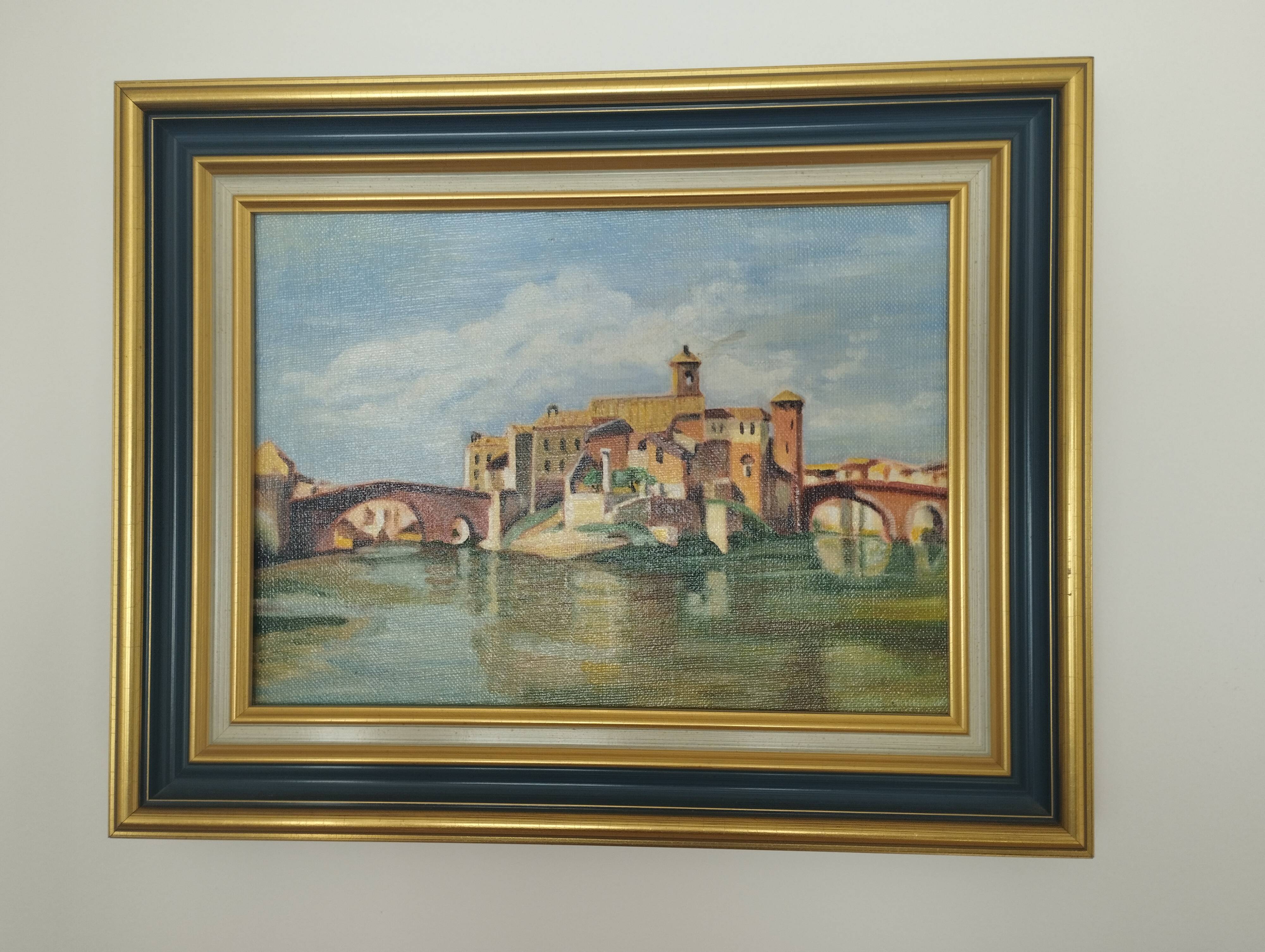Oil painting on canvas - View of Tiber Island (Rome) - Corot style
