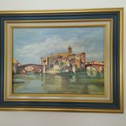 Oil painting on canvas - View of Tiber Island (Rome) - Corot style