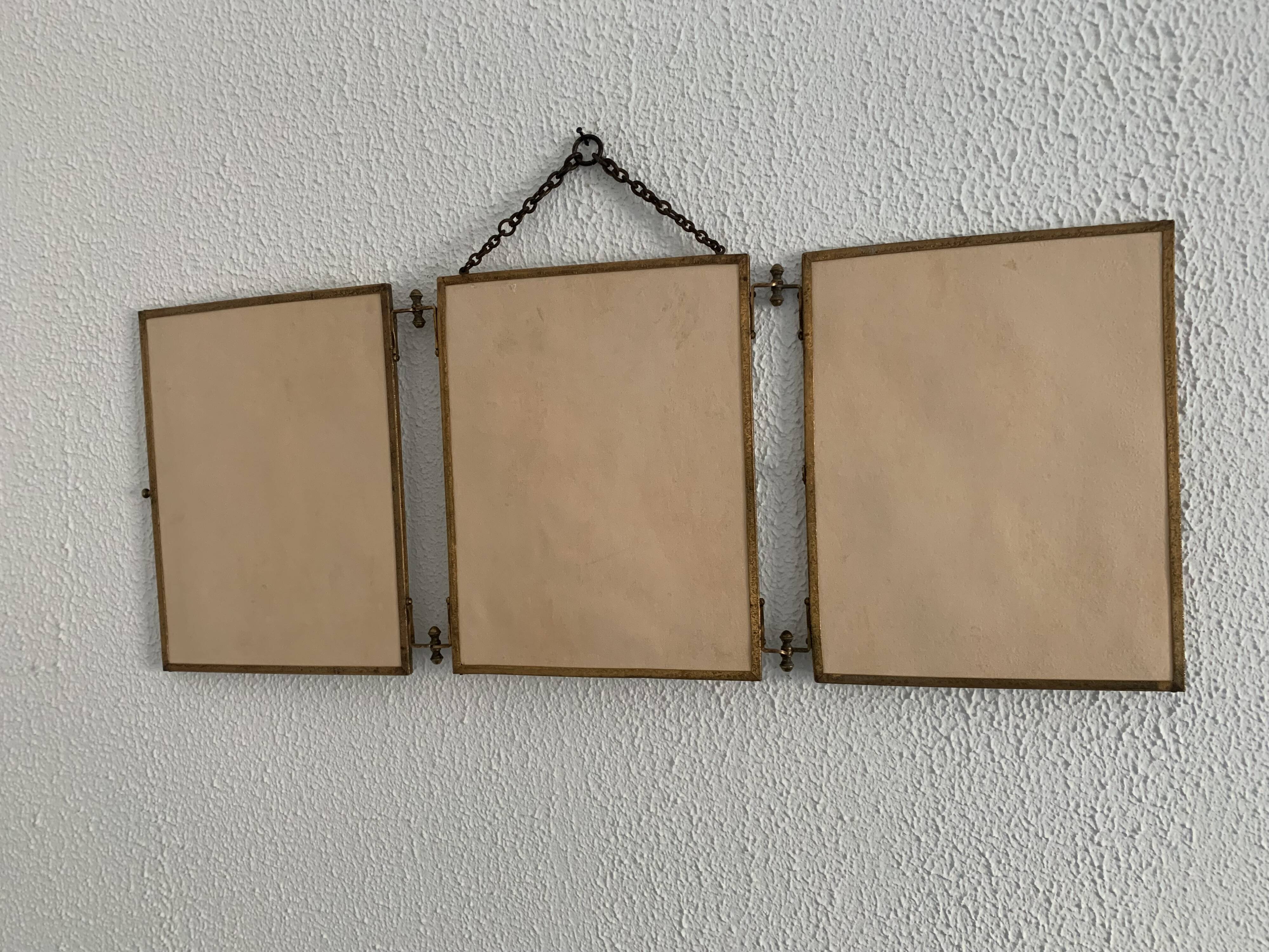 Vintage mirror 1900 triptych barber dressing table brass - 27 x 70 cm