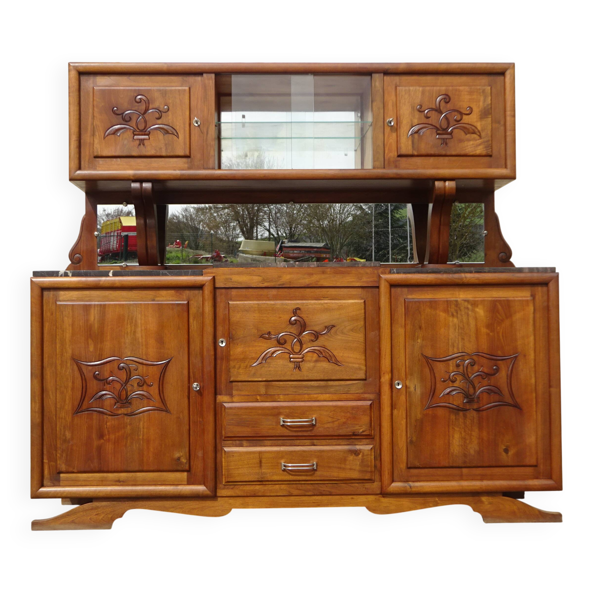 Solid walnut sideboard, moustache legs, black marble top.
