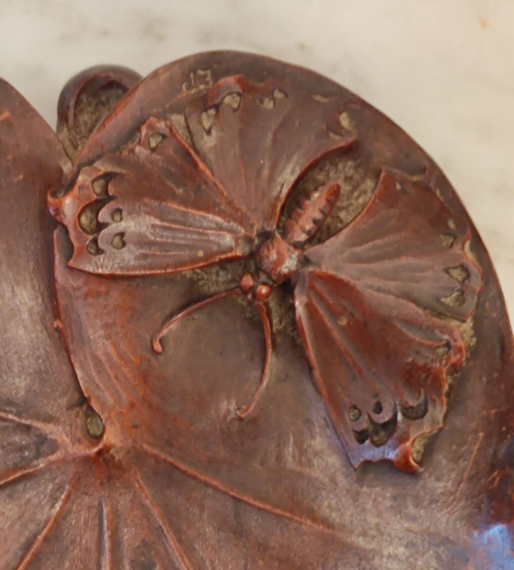 Old empty wooden pocket Art Nouveau butterfly décor