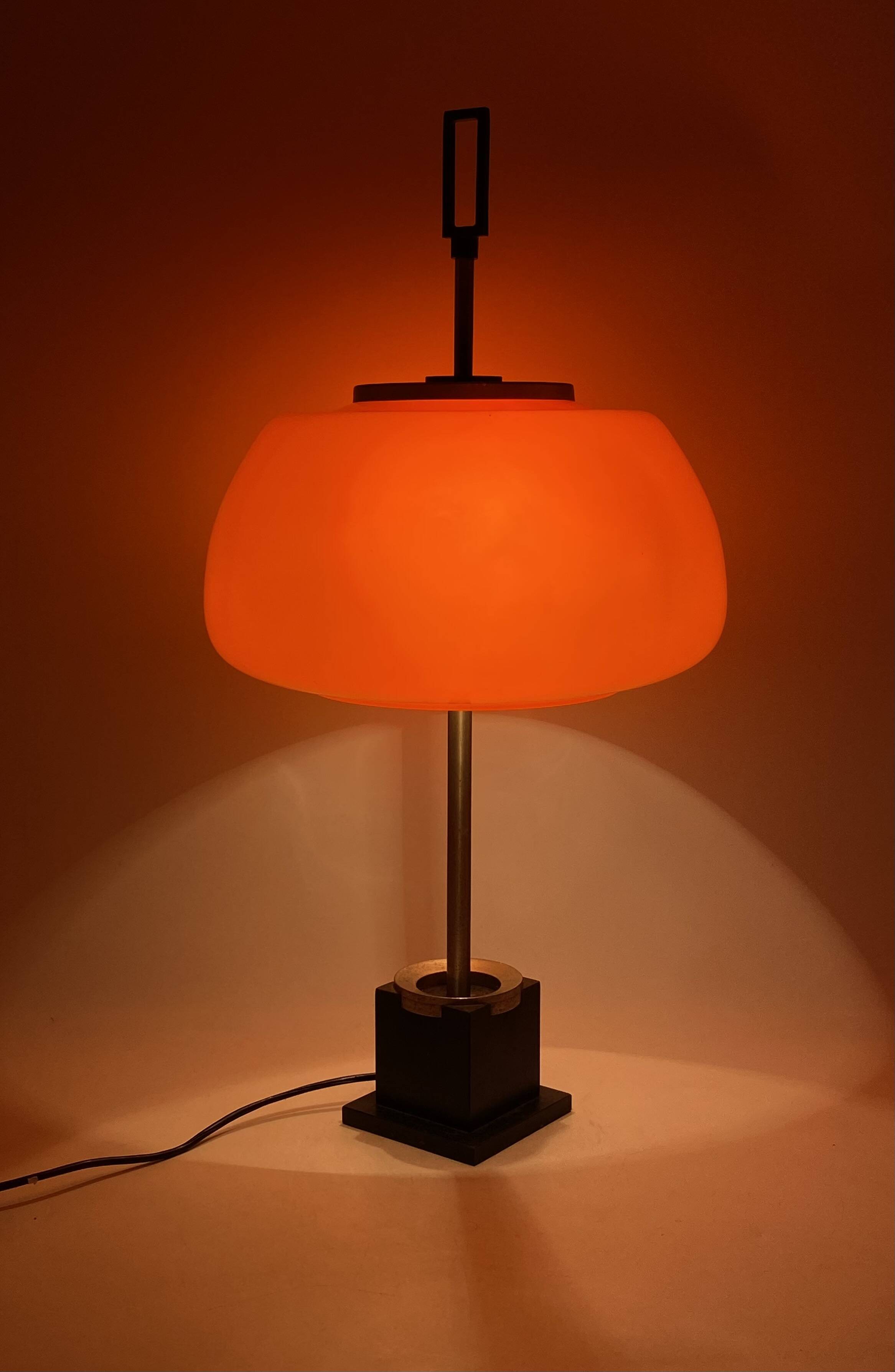 Oscar Torlasco, orange glass table / desk lamp, Prod. Lumi, 1960 ca.