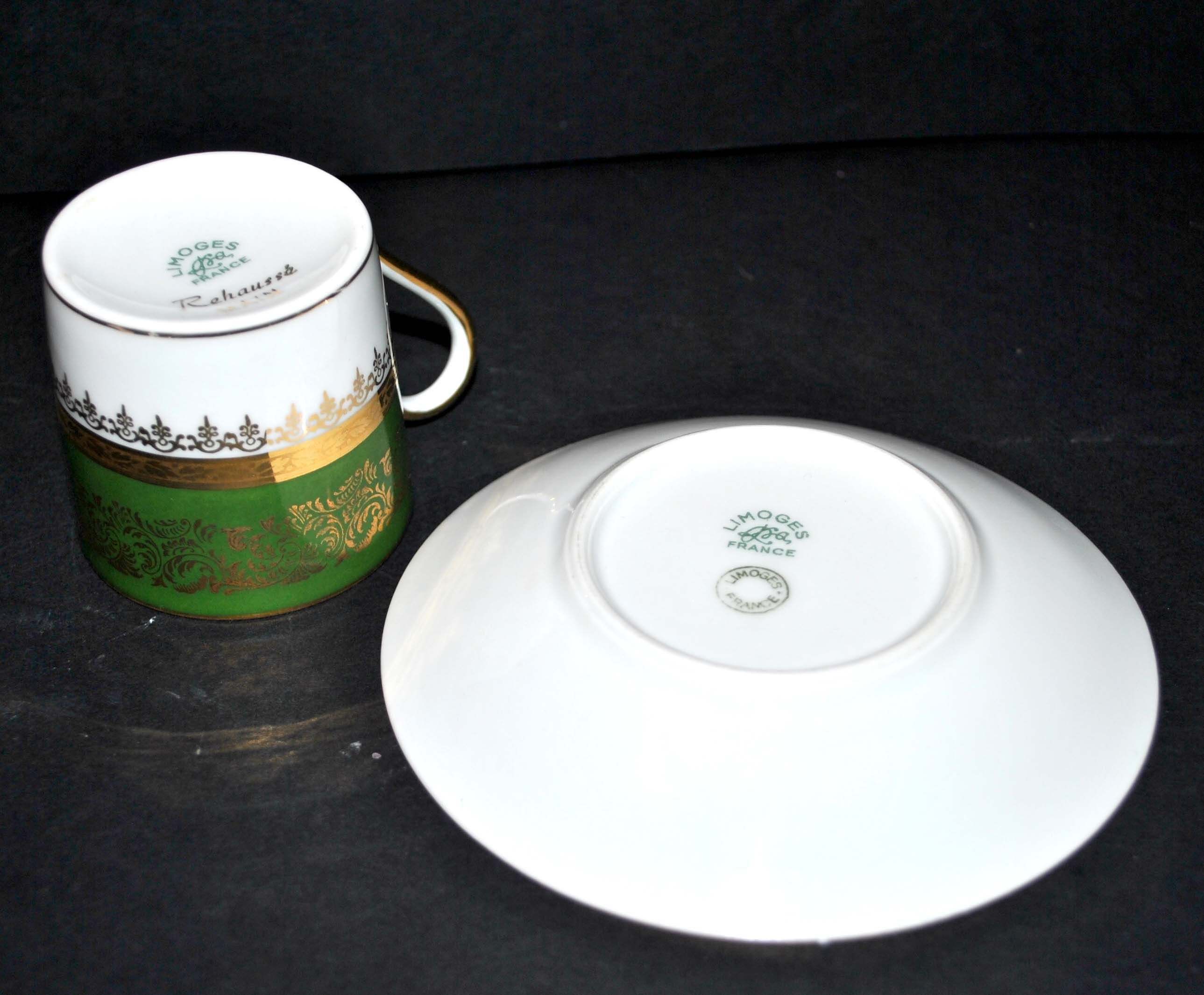 Antique Limoges porcelain litron cup - green décor and golden frieze