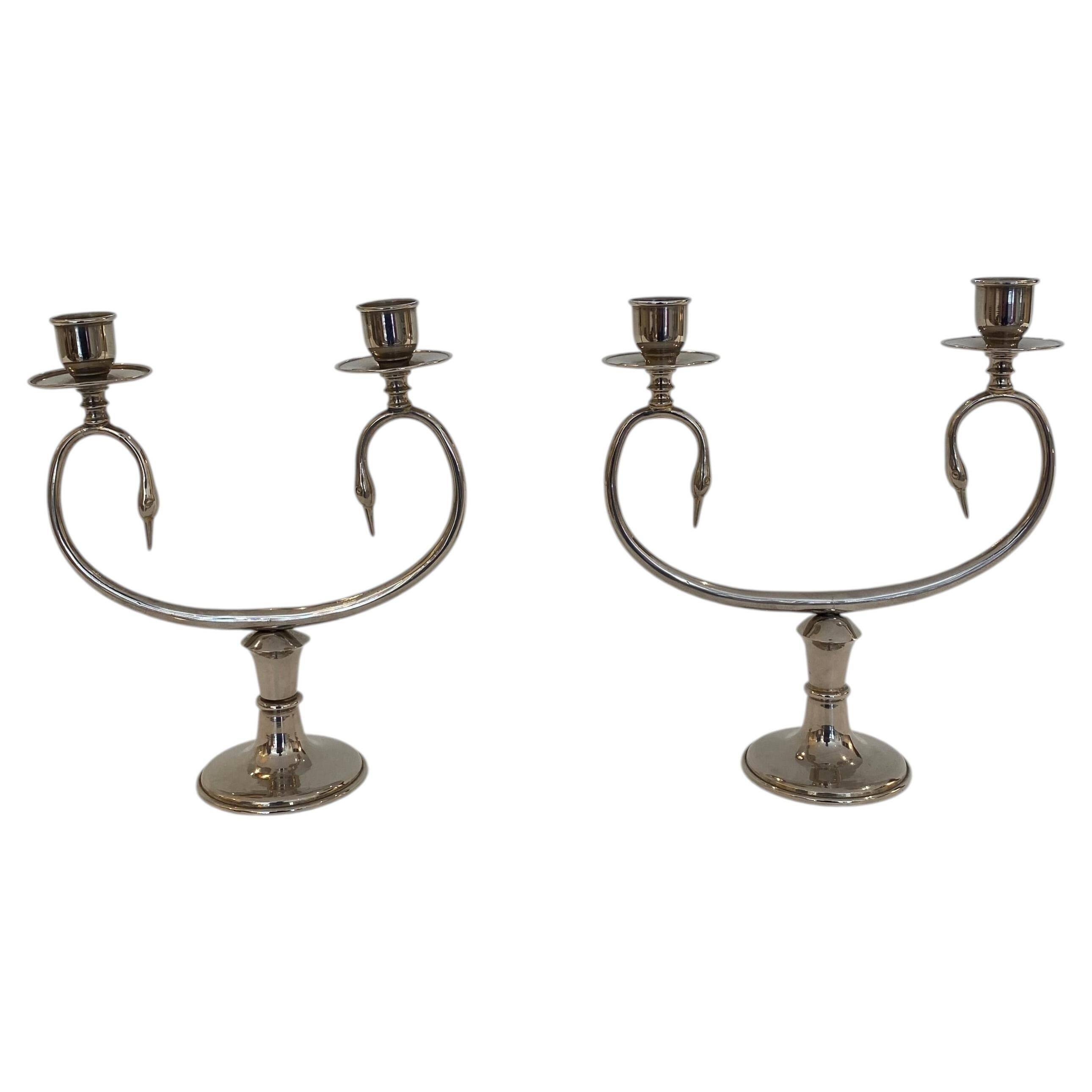 Silver Plated Pair Double Swan Candelabra Candleholders Sculptural 1970s