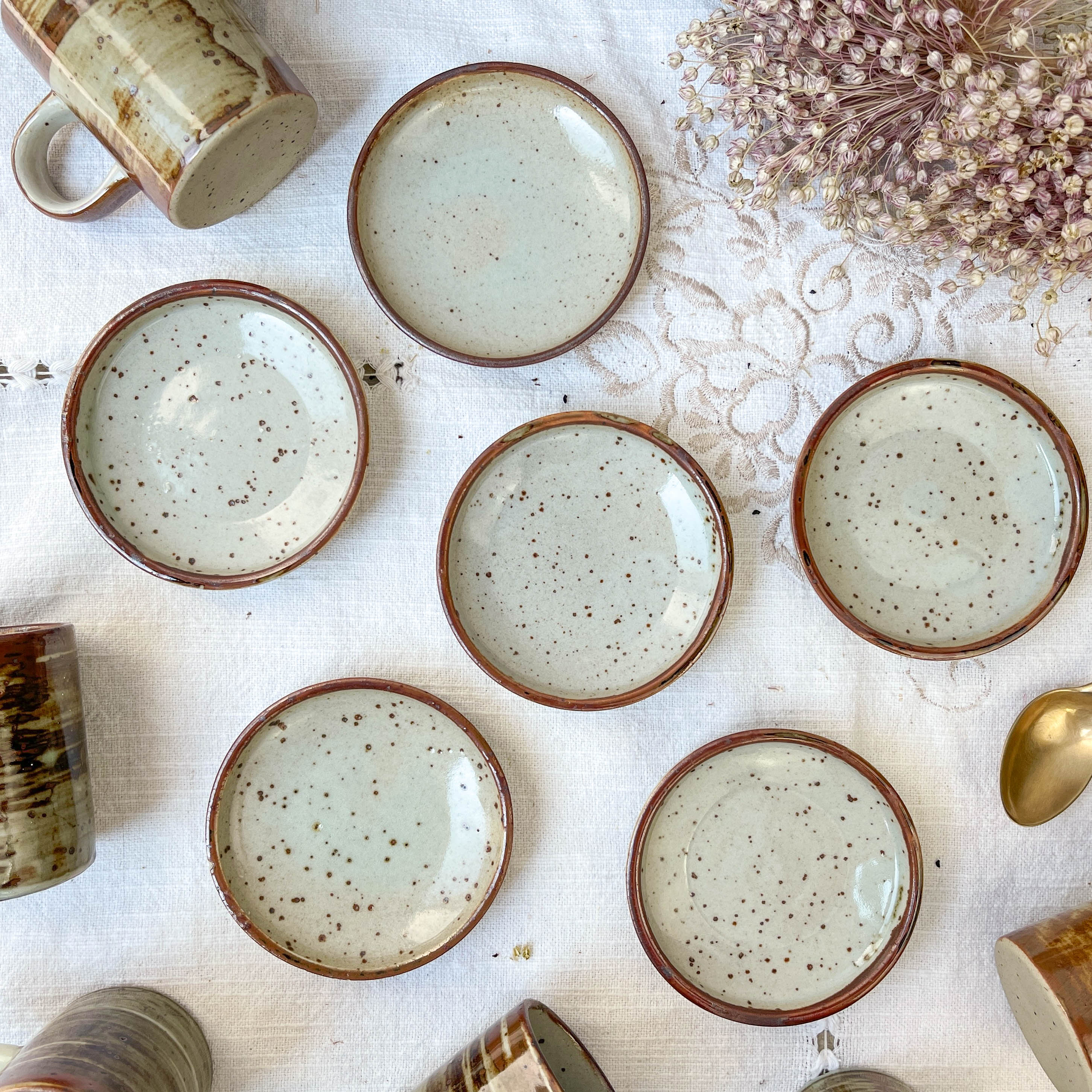 6 cups and under cups in vintage enamelled stoneware