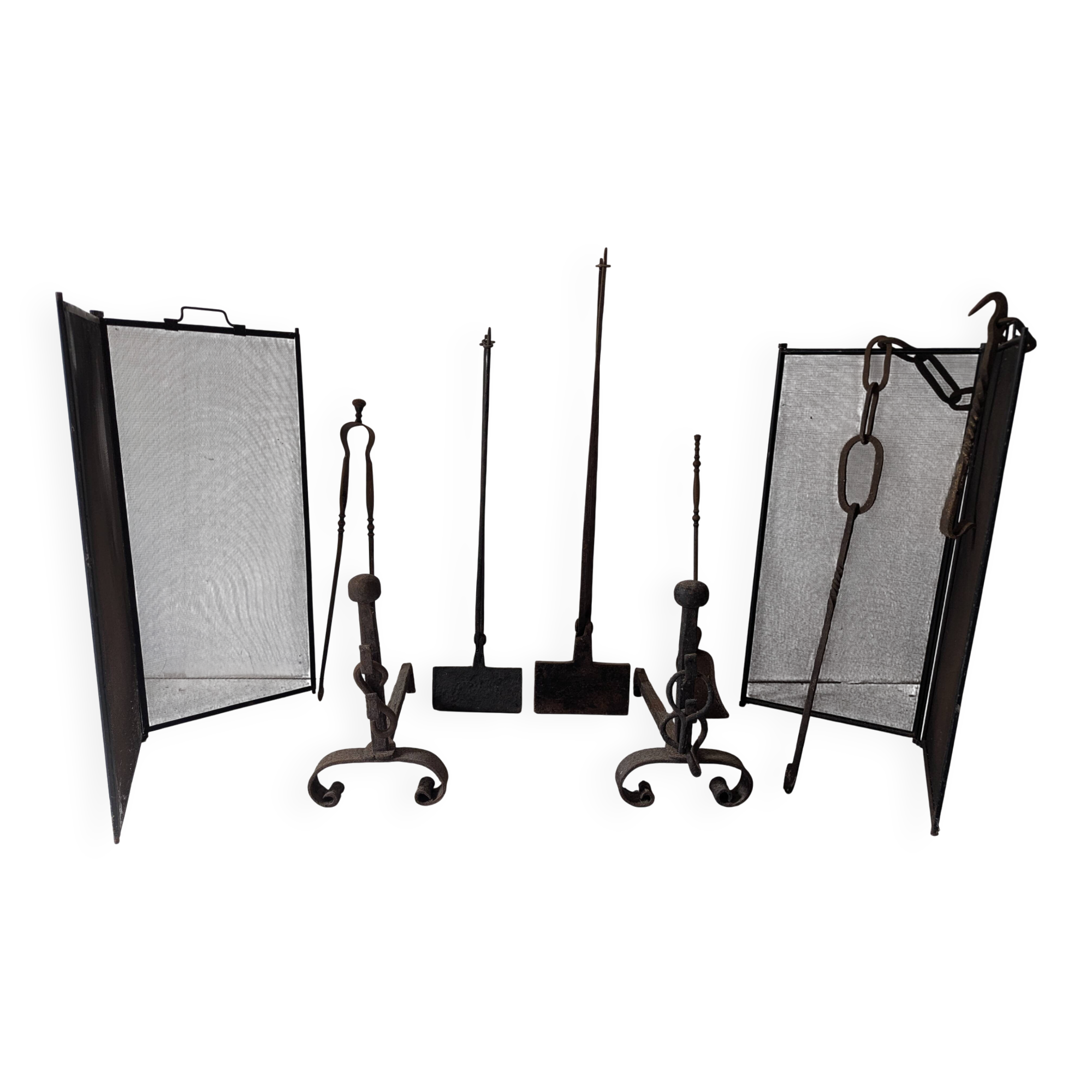 Set of antique fireplace accessories + 2 wrought iron waffle makers