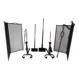 Set of antique fireplace accessories + 2 wrought iron waffle makers