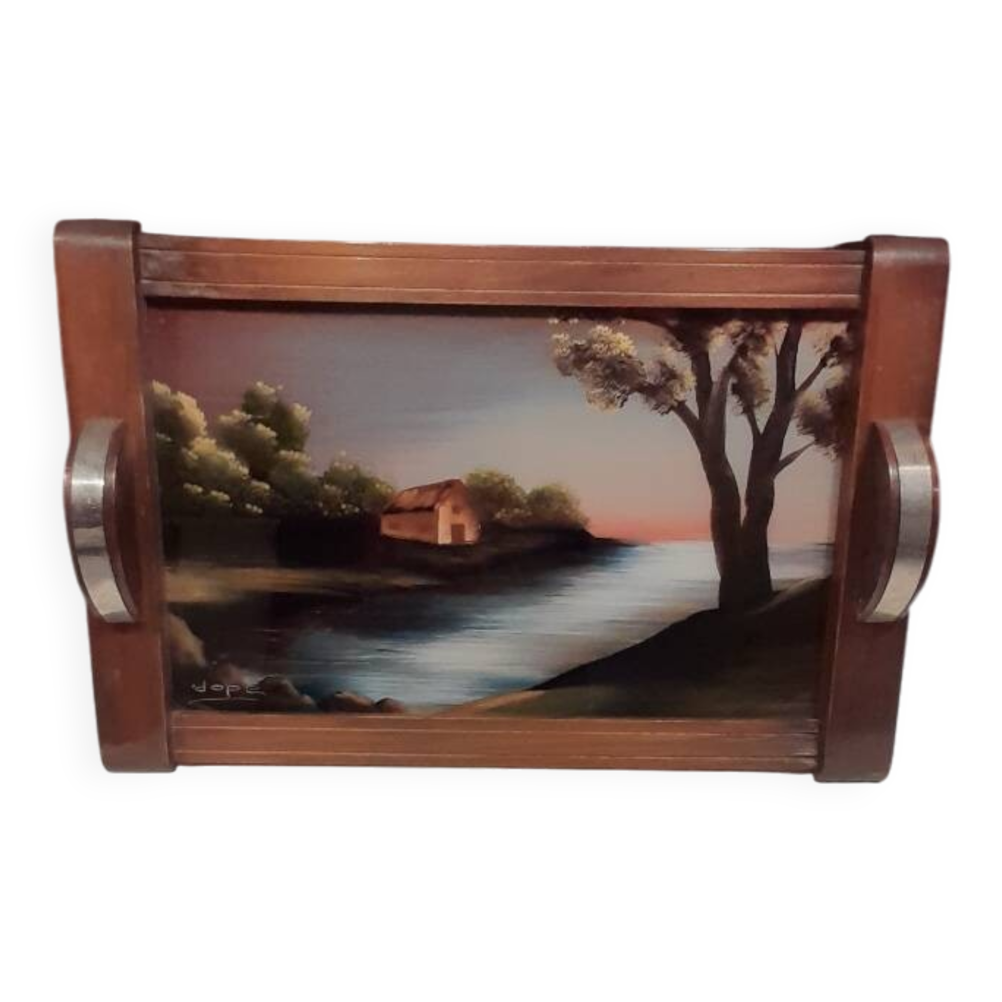 Painted wooden tray. Art Deco, signed Dope