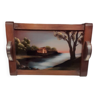 Plateau en bois peint. Art déco signé Dope