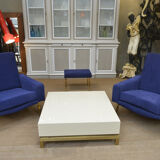 Pair of armchairs and ottoman vintage 1950 in blue velour and brass