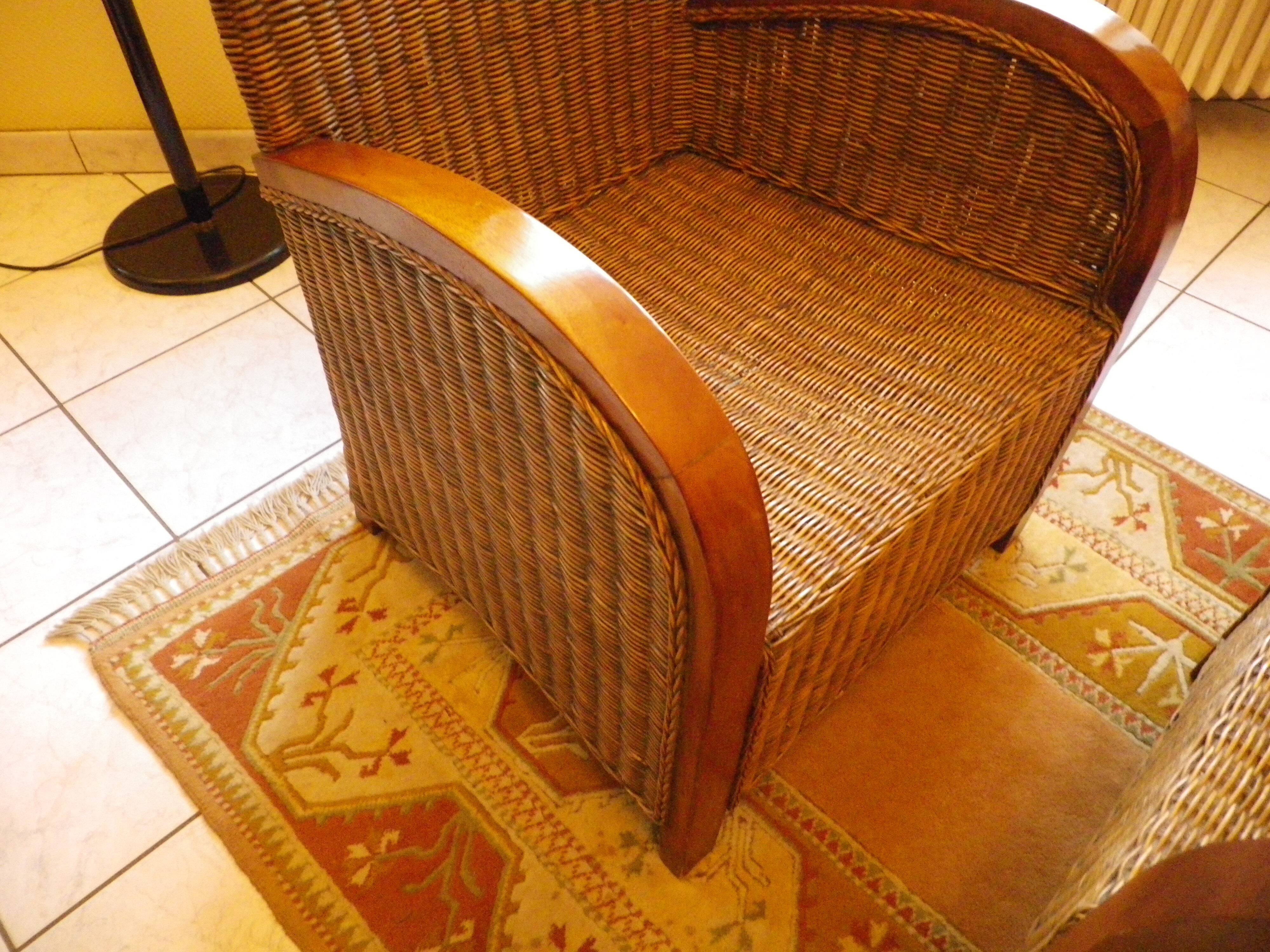 Pair of Club armchairs in ocean liner style, woven rattan and solid wood.