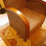 Pair of Club armchairs in ocean liner style, woven rattan and solid wood.
